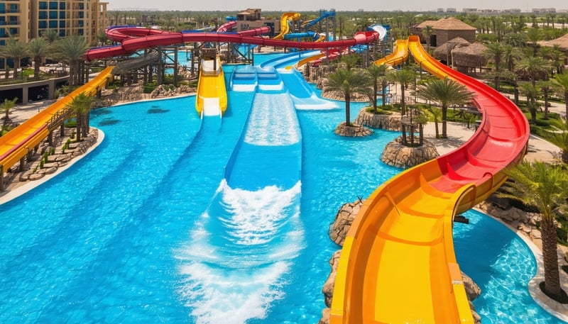 Aerial view of Aquaventure World Dubai featuring water slides and attractions Aerial view of Aquaventure World Dubai featuring water slides and attractions