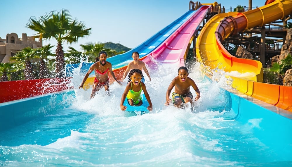 Family enjoying water slides at Aquaventure World Dubai Family enjoying water slides at Aquaventure World Dubai